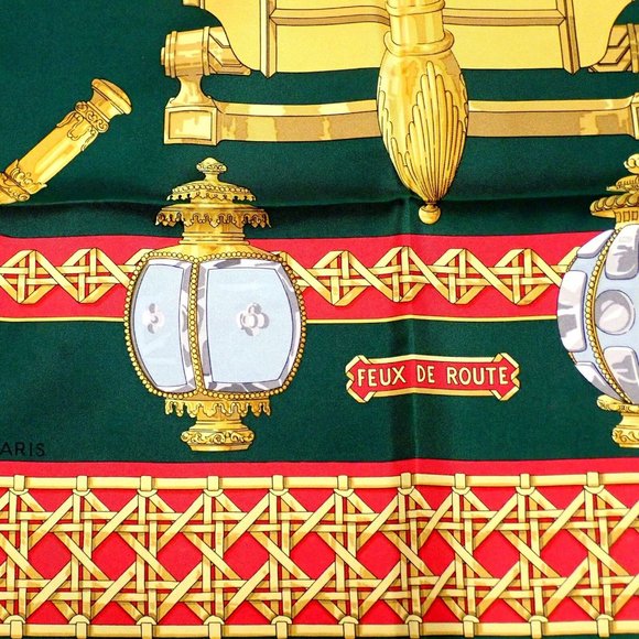 Authentic RARE! Hermes Feux De Route Vintage 90cm Green Red Silk Scarf - Picture 9 of 9